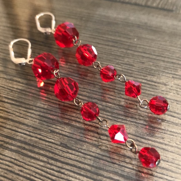 Vintage Red Cut Crystal Sterling Silver Lever Back Earrings Long Dangle - Picture 14 of 16